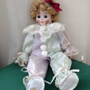 Vintage Porcelain Clown Doll Brinns 1990 Lavander/Light Blue Outfit Collectible